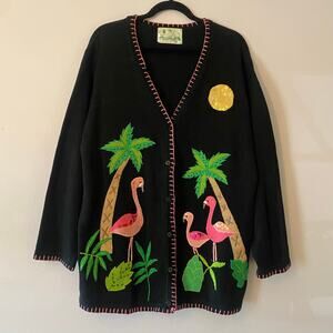The Quacker Factory Black Knit Flamingo Sequin Tropical Cardigan Sweater 2XL